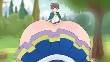 Kazuma’s wife Aqua wears a mini-skirt that is too brief and seduce him in this cartoon fashion porn.