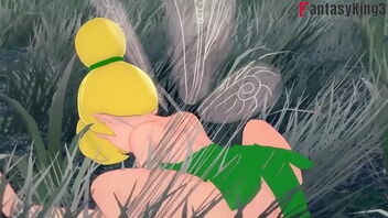 Tinker Bell and other fairies in a costume play threesome scene in a full-length animated porn movie.