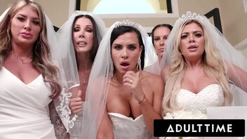 Phat breasted brides are in control and give a raunchy treatment to the wedding planner with an amazing switch sides group bang.