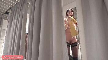 Jeny Smith in stockings, public exposure in the shopping mall changing room