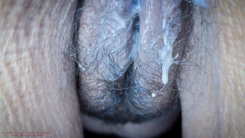 Big cumshot, close up and inside the shaven pussy