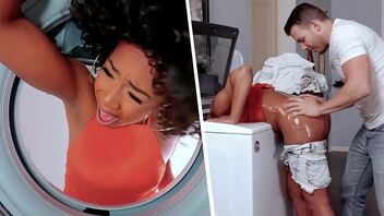 Helping a black MILF get unstuck from the washing machine