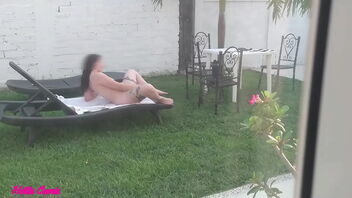 Naked sunbathing stepsister in the garden, squirting ejaculation